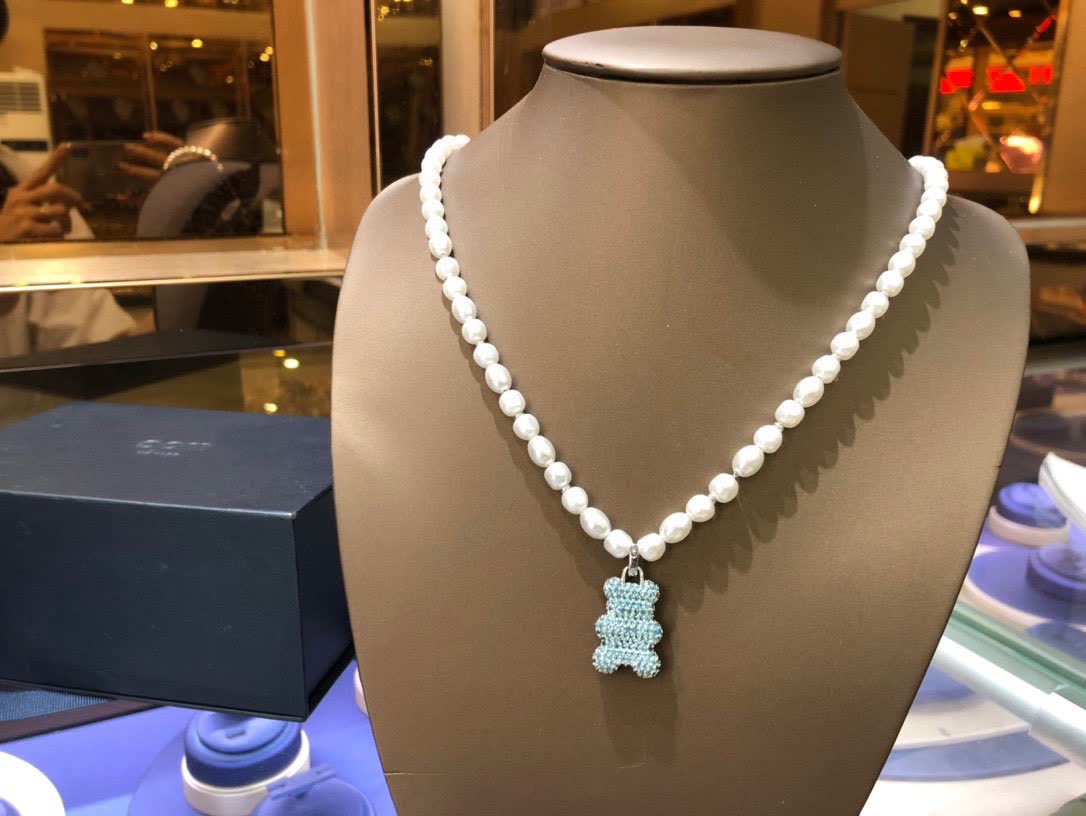 APM Monaco Pearl & Crystal Bear Pendant Necklace